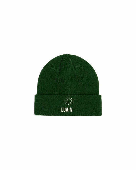 Green beanie with 'LUAIN' logo on a white background
